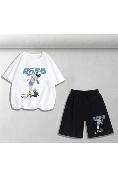 Gofeel Anime Girl & Cat Printed White Color Unisex Oversize T-shirt & Shorts Double Set