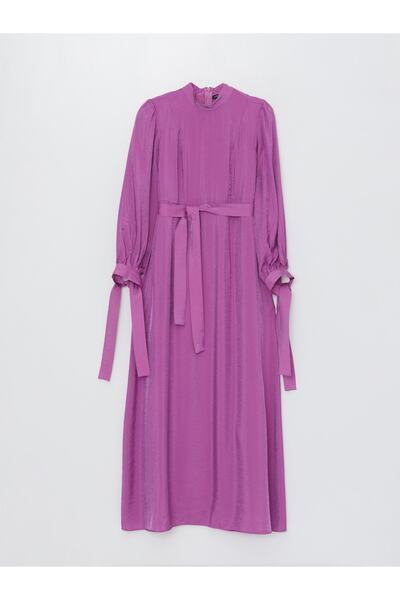 LC Waikiki Dik Yaka Düz Uzun Kollu Saten Kadın Elbise