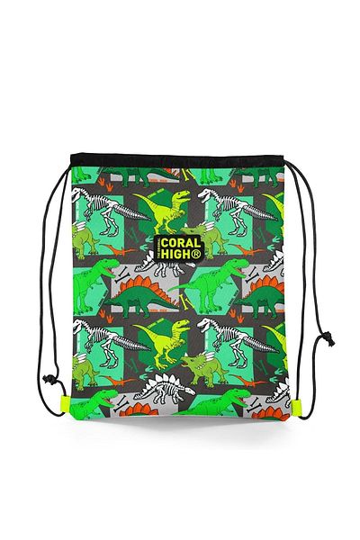 Coral High Kids Grey Green Dinosaur Patterned Drawstring Drawstring Backpack 22677