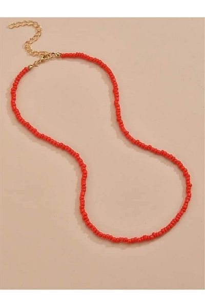 Stoneday Red Color Gold Clip Detailed Summer Large Sand Bead Necklace
