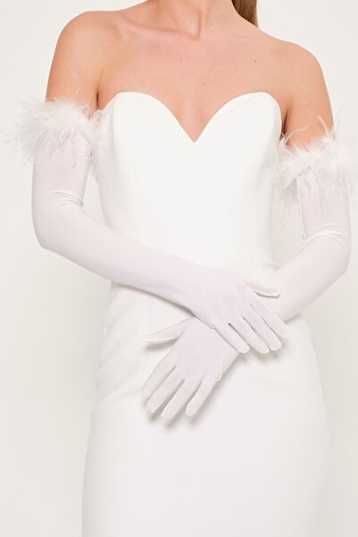 TARA COŞKUNTUNCEL Beyaz Tüylü Uzun Nişan Eldiveni
