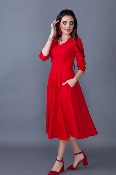 lovebox Women's Flexible Atlas Fabric Pocket Detailed V-Neck 3/4 Sleeve Red Midi Dress 257