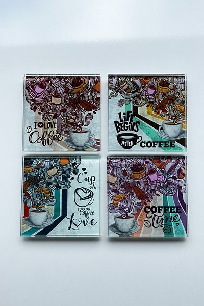 Decorita Glass Coaster| Retro Coffee| Set of 4| 10cm X 10cm