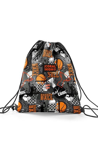 Coral High Kids Black Gray Basketball Patterned Drawstring Drawstring Backpack 22676