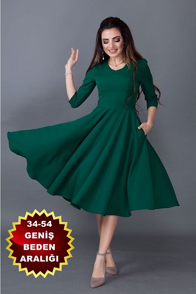 bayansepeti Flexible Atlas Fabric Pocket Design V-Neck 3/4 Sleeve Green Midi Evening Dress 257