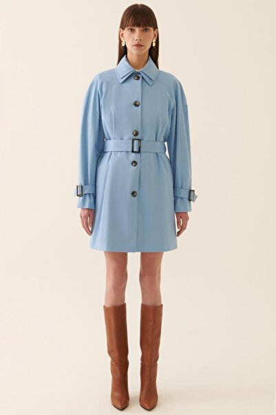 Perspective Eleri Regular Fit Shirt Collar Above Knee Blue Color Women's Trench Coat
