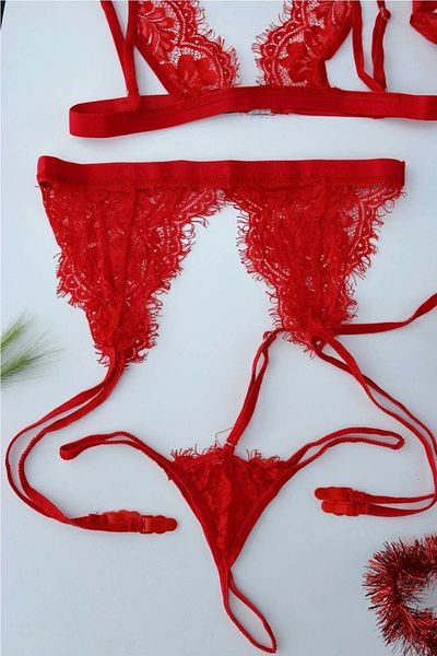 ESİLORA Women's Red Sexy Fancy Collared Full Lace Night Costume Garter Set Lingerie Set