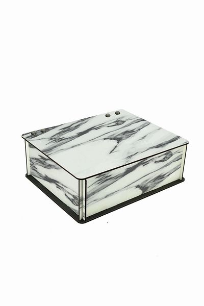WuW Black Patterned Marble Patterned 6 Compartments Wooden Tea Coffee Storage Box