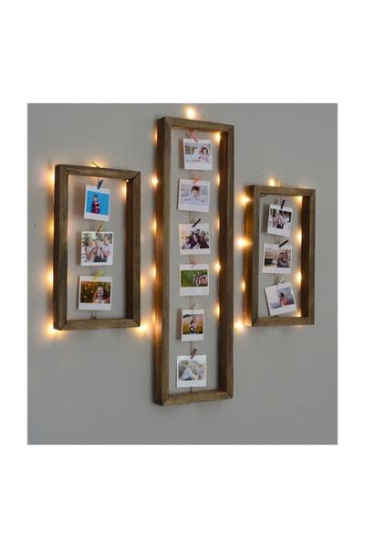 Hediyenikap 3lü Set Led Işıklı Ipli Mandallı Ahşap Fotoğraf Çerçevesi Fotoğra...