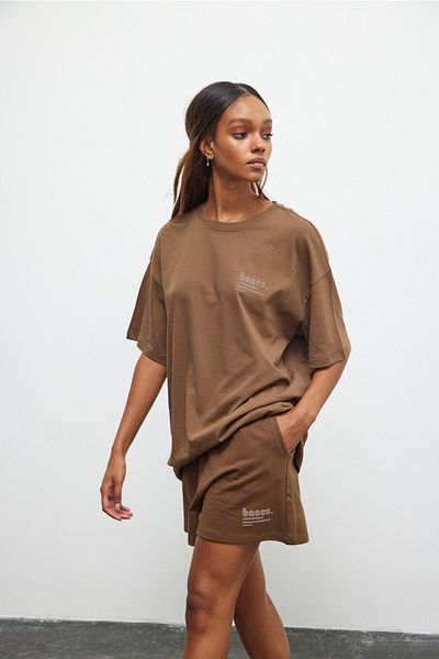 Bases Brown Puff Printed Crew Neck Oversize T-shirt
