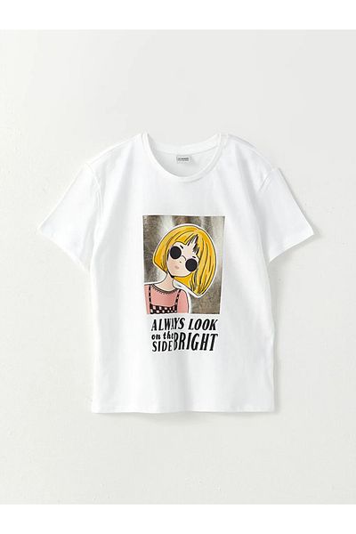LC Waikiki Tricou pentru fetiță, din bumbac, cu mânecă scurtă, cu gât crew, imprimat Lcw