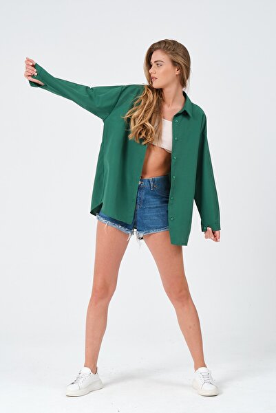 modazoom Kadın Zümrüt Oversize Uzun Basic Gömlek