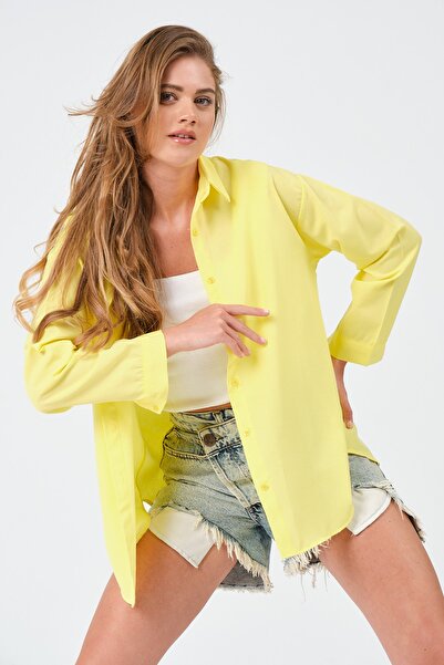 modazoom Kadın Sarı Oversize Uzun Basic Gömlek