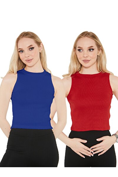 CATSPY Дамски саксофон синьо-червен халтер 2-парчен кроп топ