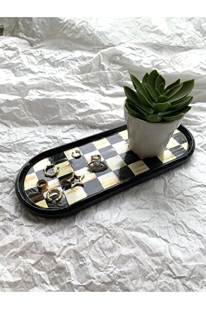 unique florya Vintage Damalı Dekoratif Tepsi Oval Sunumluk Mumluk Altlık Tezgah Üstü Tepsi 24x9,5cm