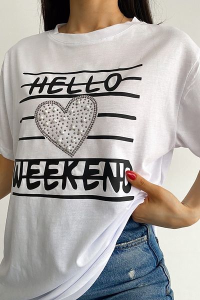 FEMELLE Tricou din bumbac, alb, cu gât crew, imprimat cu mărgele capse