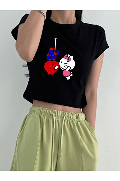 Violon Body tricou crop pentru femei de vară cu model Spiderman și Hello Kitt...