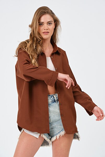 modazoom Γυναικείο Καφέ Oversize Μακρύ Basic πουκάμισο