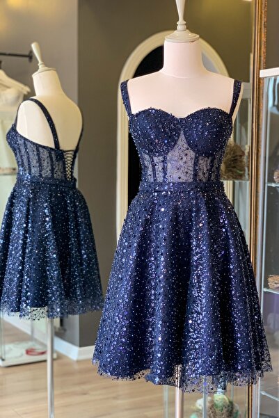 Lenta Moda Lacivert Taşlı Mini Abiye Ve Gece Elbisesi