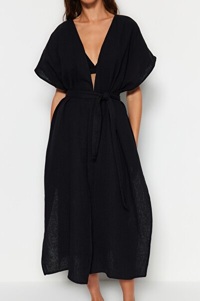 Trendyol Collection Black Muslin Beach Kimono and Kaftan with Maxi Size Belt and Slit - Tbess23Km00019