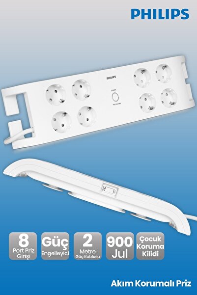 Philips 2 Metre 8'li 900 Jul Akım Korumalı Priz Spn3080b Garantili