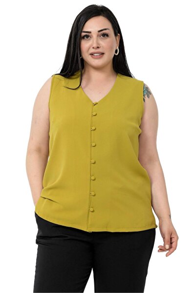 DISENTIS MODEST قميص أخضر فستقي بدون أكمام بأزرار وفتحات جانبية مقاس كبير