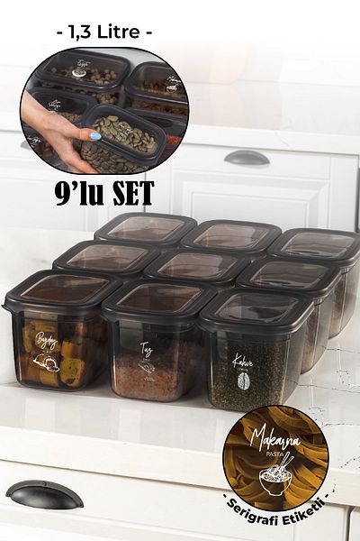 Vienev Set of 9 with White Screen Printing Label Peggy Long Rectangular Storage Container with Transparent Lid 1.3 Liters