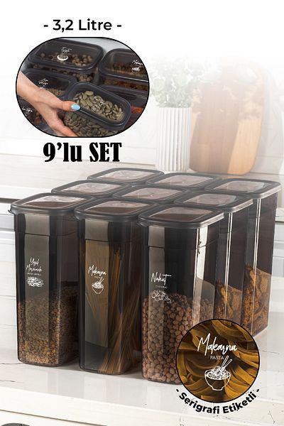 Vienev Set of 9 with White Screen Printing Label Peggy Long Rectangular Storage Container with Transparent Lid 3.2 Liters
