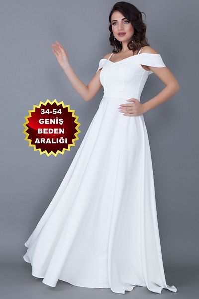 vuvutasarım Women's Flexible Fabric Flared Cut Low Shoulder Double Breasted Collar Long White Plus Size Dress 342 Maxi