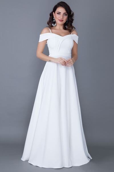 vuvutasarım Women's Flexible Fabric Flared Cut Low Shoulder Double Breasted Collar Long White Plus Size Dress 342 Maxi