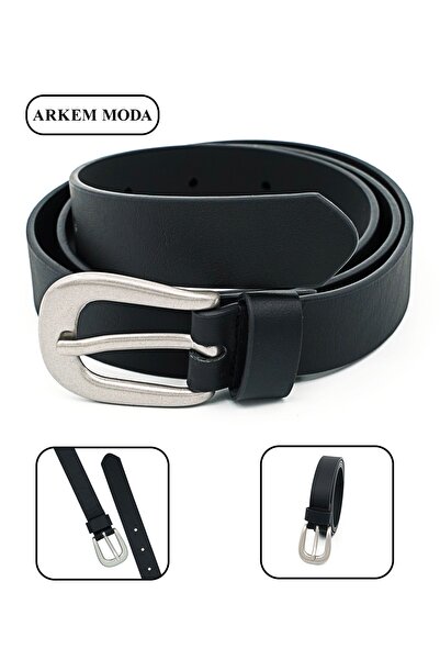 Arkem Siyah Renk Deri Desenli Mat Gümüş Tokalı Kadın Kemer 2,5 Cm.
