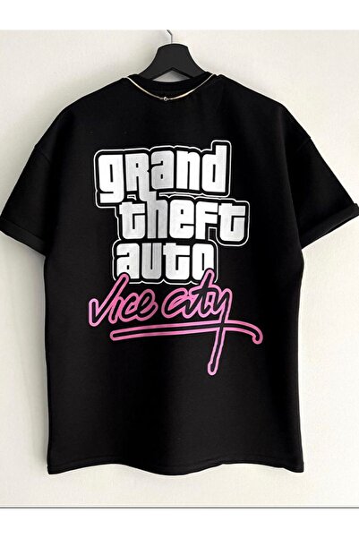 Calvin Jones Unisex Siyah Gta Vice City Baskılı Oversize Bisiklet Yaka T-shirt