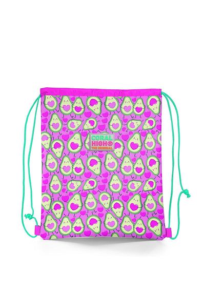 Coral High Kids Light Pink Aqua Green Avocado Patterned Drawstring Drawstring Backpack 22465