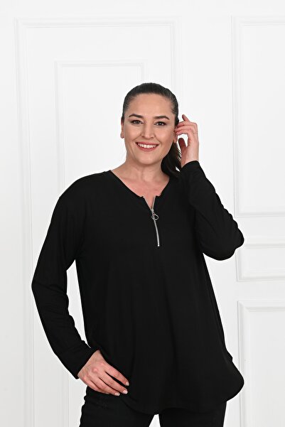 Koza Butik Γυναικεία μπλούζα μεγάλου μεγέθους - Λεπτομέρεια με μισό φερμουάρ 1387-23