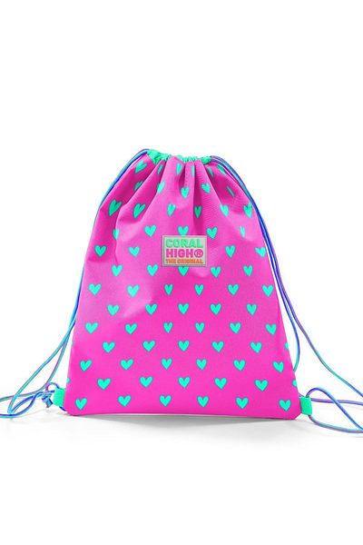 Coral High Kids Neon Pink Water Green Heart Patterned Drawstring Drawstring Backpack 22451