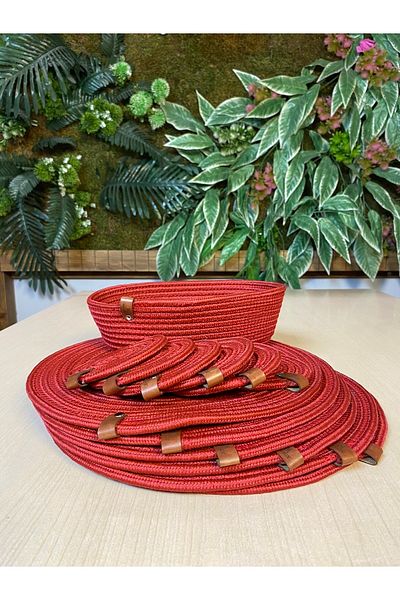 MaVaux Red Straw Look Jute 13 Piece Plate / Placemat and Bread Dish / Set.