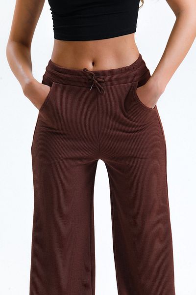 Babelook Women's Brown Knitted Ribbed Wide Leg Trousers