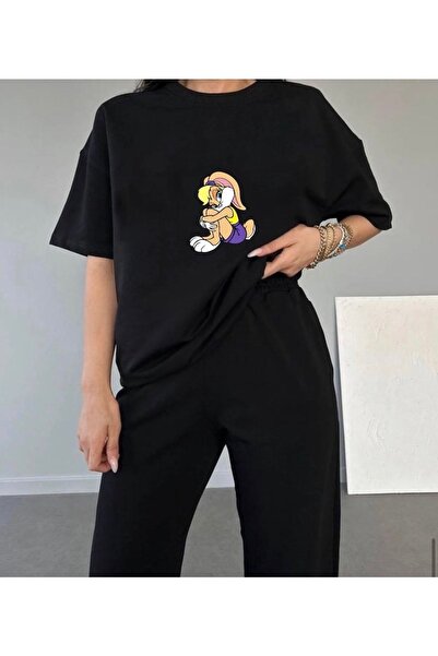 CLAYES Lola T-shirt Sweatpants Jogger - Σετ φόρμας με μαύρη στάμπα στο κάτω μέρος Oversize Crew Neck