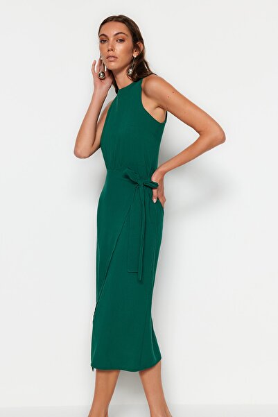 Trendyol Collection Green A-Cut Skirt Binding Detail Crew Neck Midi Woven Dress TWOSS23EL02369