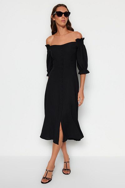 Trendyol Collection Madonna Collar Ruffle Detail Černé midi košilové šaty - TWOSS23EL02216