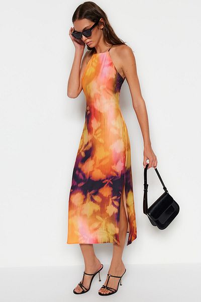 Trendyol Collection Orange Floral Print Straight Cut Halter Neck Midi Satin Lined Woven Dress TWOSS23EL02417