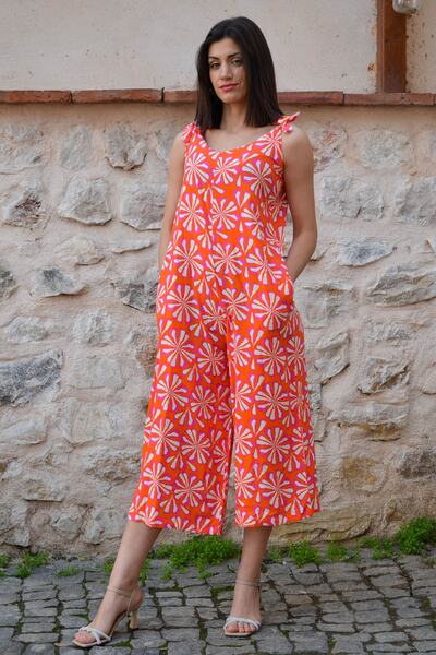 Assos Otantik Kadın Desenli Tulum Çiçekli Turuncu