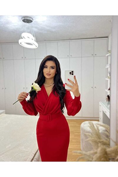 twomeey Kadın Balon Kol Kruvaze Yaka Detaylı Kemerli Scuba Kumaş Elbise