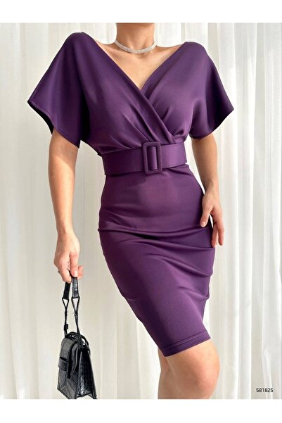 twomeey Γυναικείο φόρεμα από ύφασμα Dalgıç με ζώνη σε χρώμα μελιτζάνας