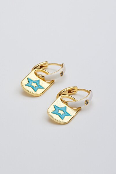 VELİT VOLA Yıldız Desen Halka Küpe Beyaz-turkuaz Mineli Kadın Küpe