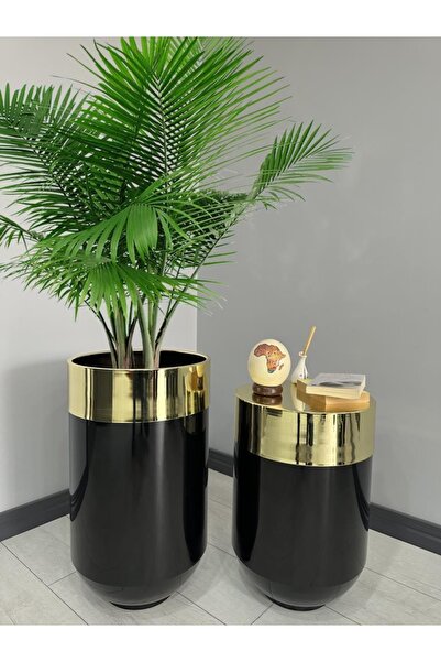 evdeniste Dekoratif Gold Darbuka Parlak Siyah Saksı 70cm + Sehpa 60cm Ikili Set