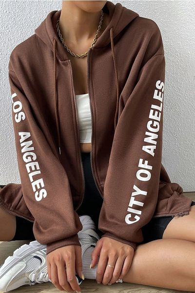 MODAGEN Damen-Cardigan mit braunen Ärmeln, Los Angeles-Print und detaillierter Kapuze