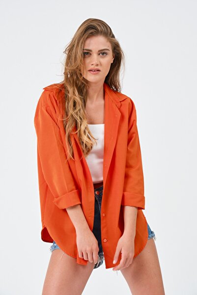 modazoom Γυναικείο Πορτοκαλί Oversize Μακρύ Basic πουκάμισο