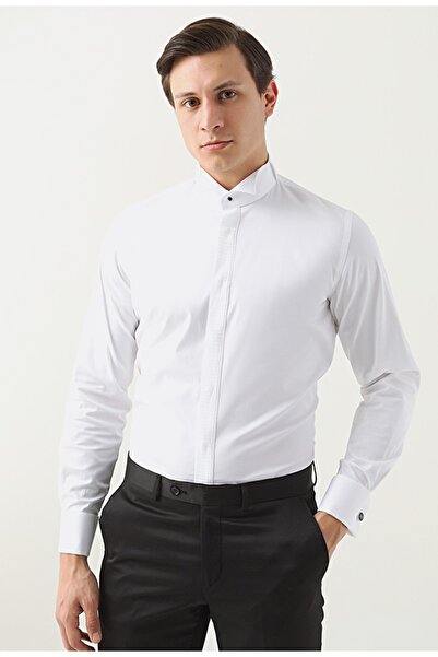 D'S Damat Slim Fit White Plain Tuxedo Shirt