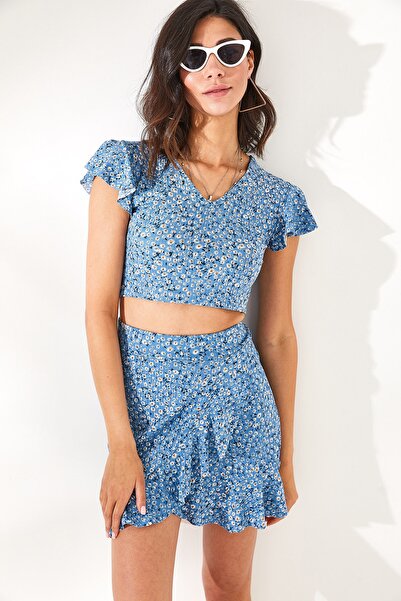 Olalook Set de top cu fustă florală indigo pentru femei TKM-19000140